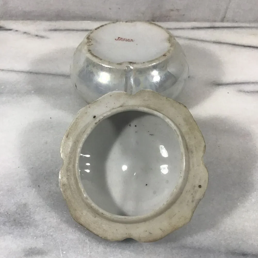 Vintage Japan Opalescent Porcelain Trinket Box Rose Flower Lid Vanity